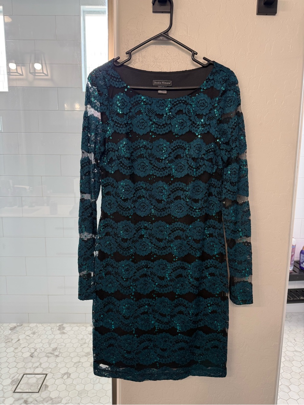 Jessica Howard Teal Lace & Sequin Long-Sleeve Sheath Dress